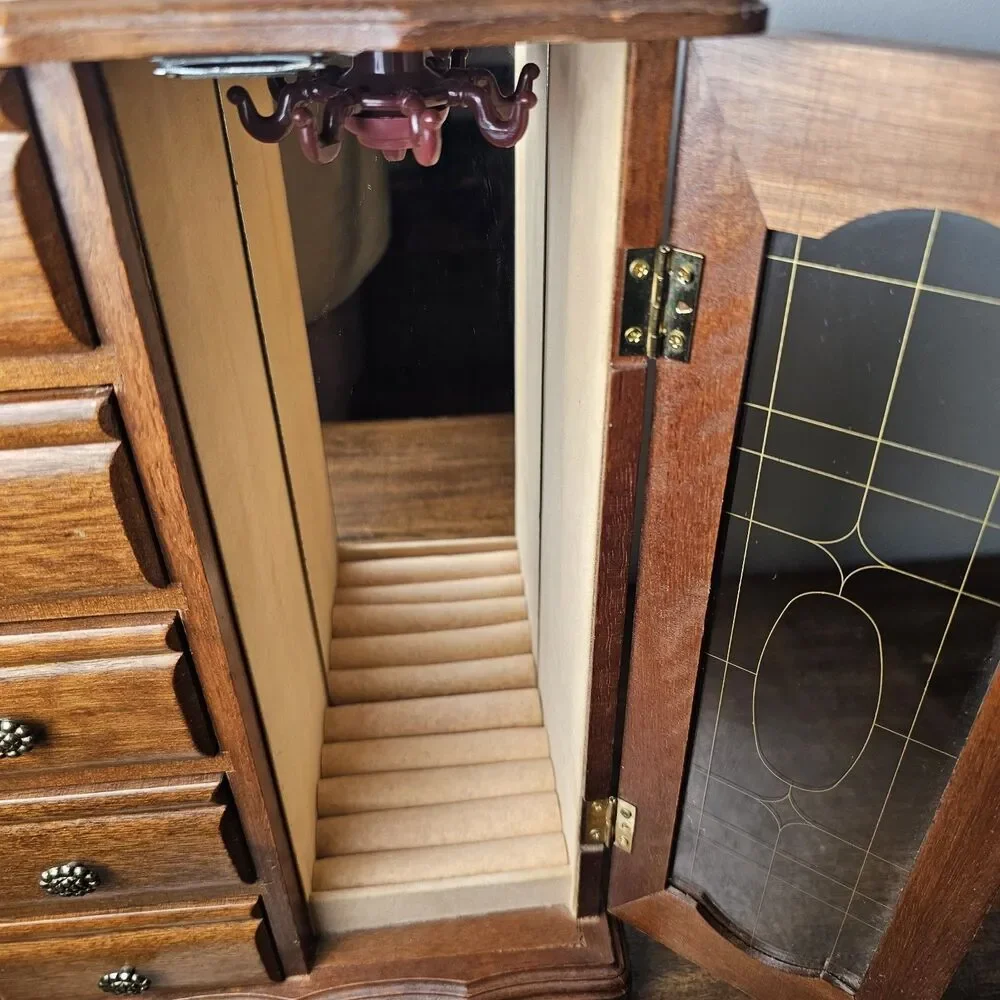 Vintage Wooden Jewelry Armoire 5 Drawer Mirrored Glass Door Jewelry Organizer